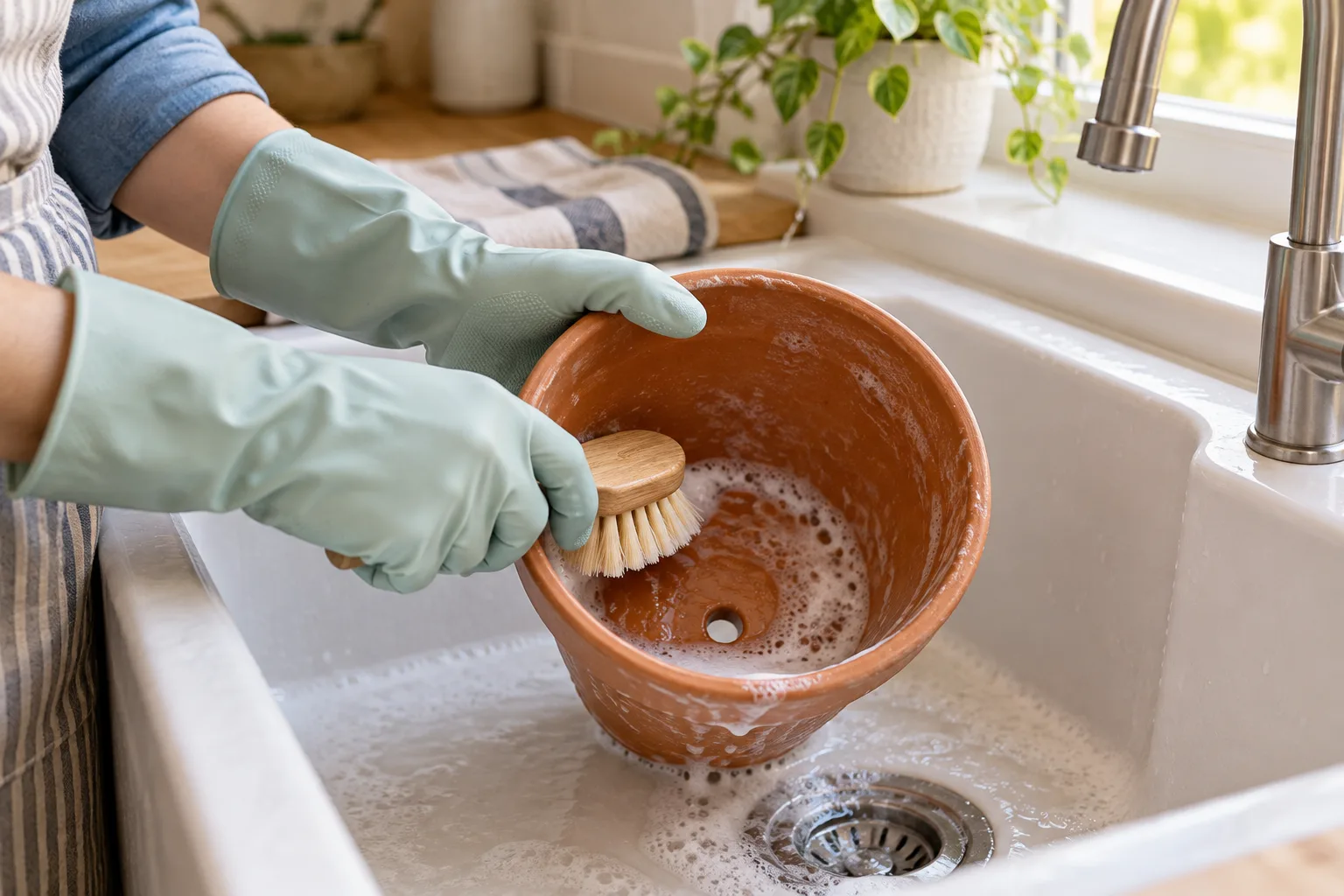 Illustration of gloved hands scrubbing an empty terracotta pot with soap suds