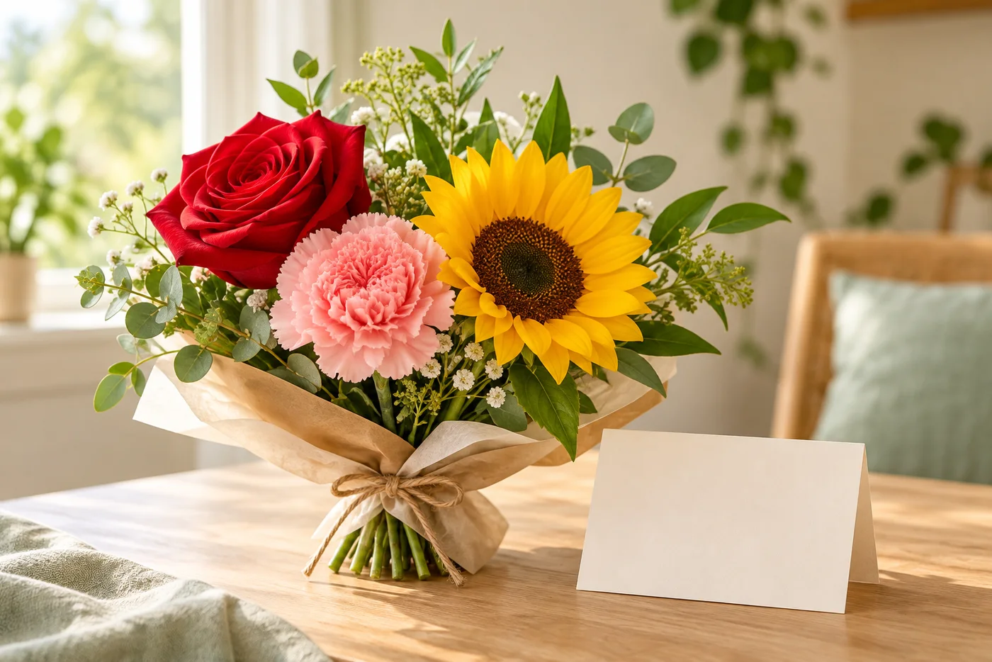 Illustration of a bouquet of red rose, pink carnation and sunflower with a blank card