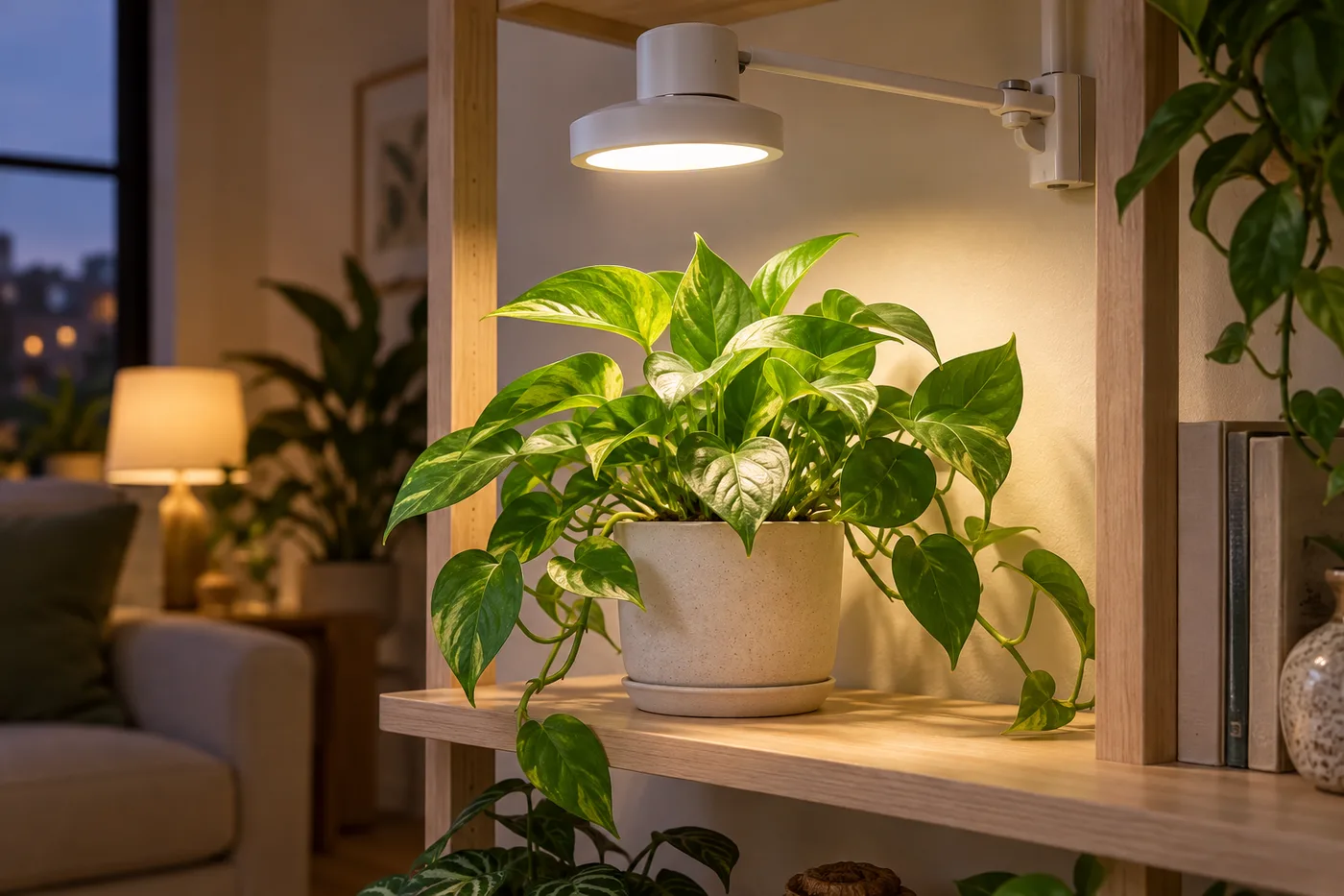 一盏白色植物补光灯悬在盆栽绿植上方的示意图，不代表固定的安装距离