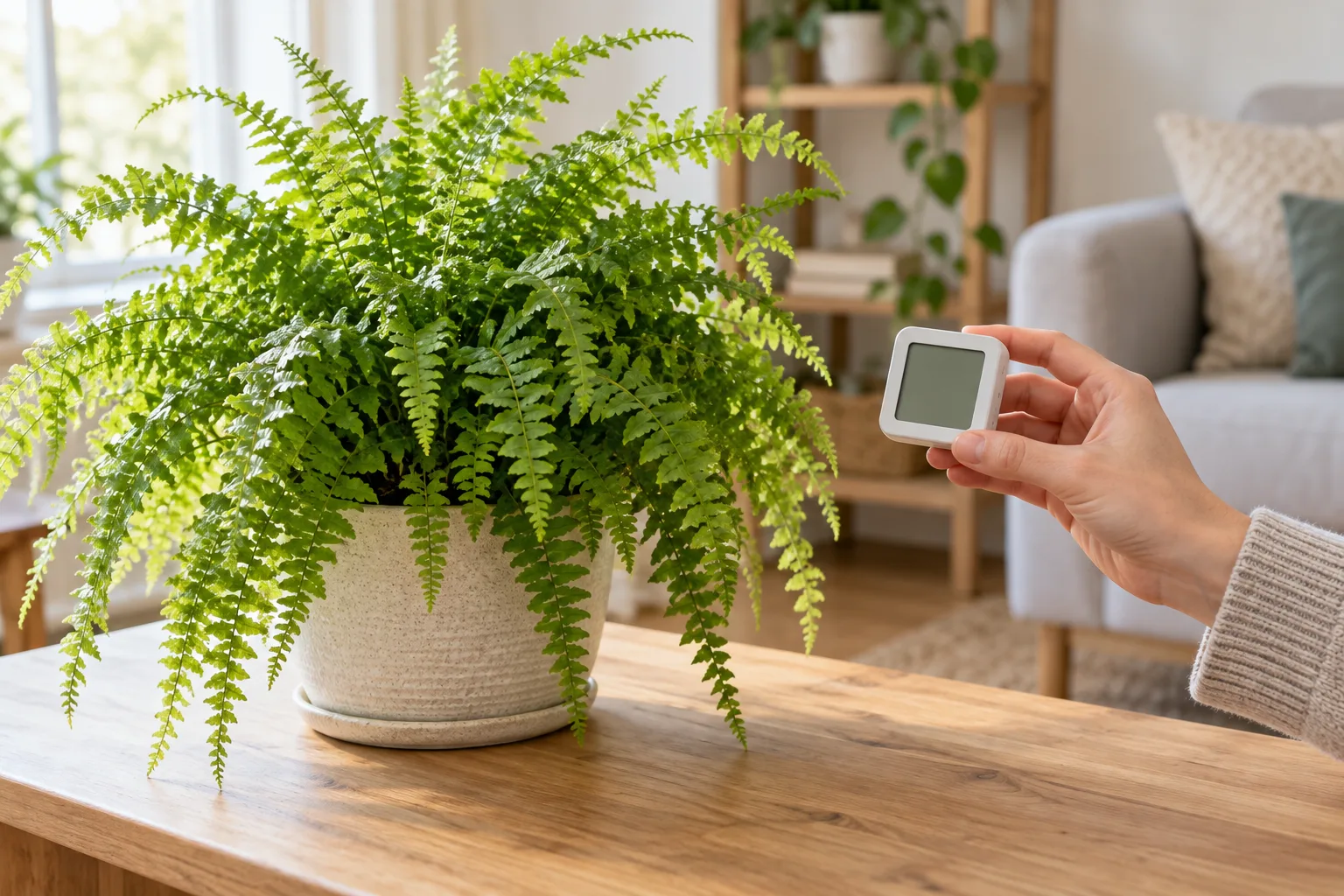 Illustration of a blank-screen hygrometer held beside a fern