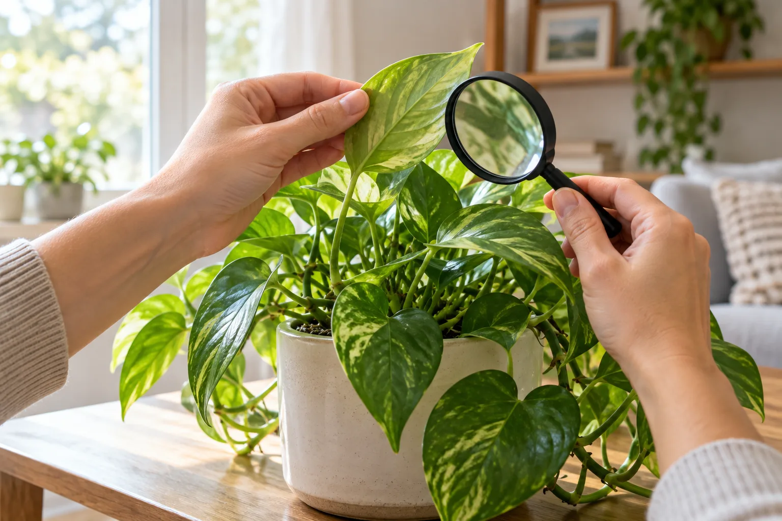 Illustration of a person inspecting a pothos leaf with a magnifying glass; no actual scale insects are shown