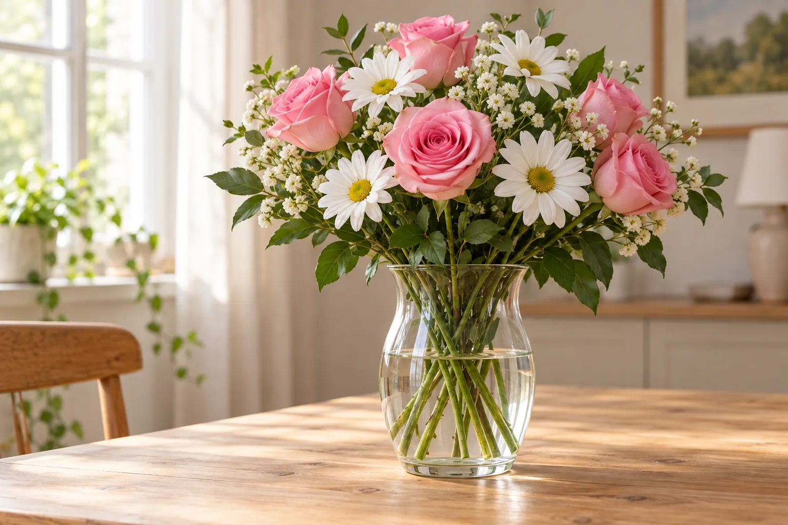 Illustration of pink roses and white daisies in a clean glass vase